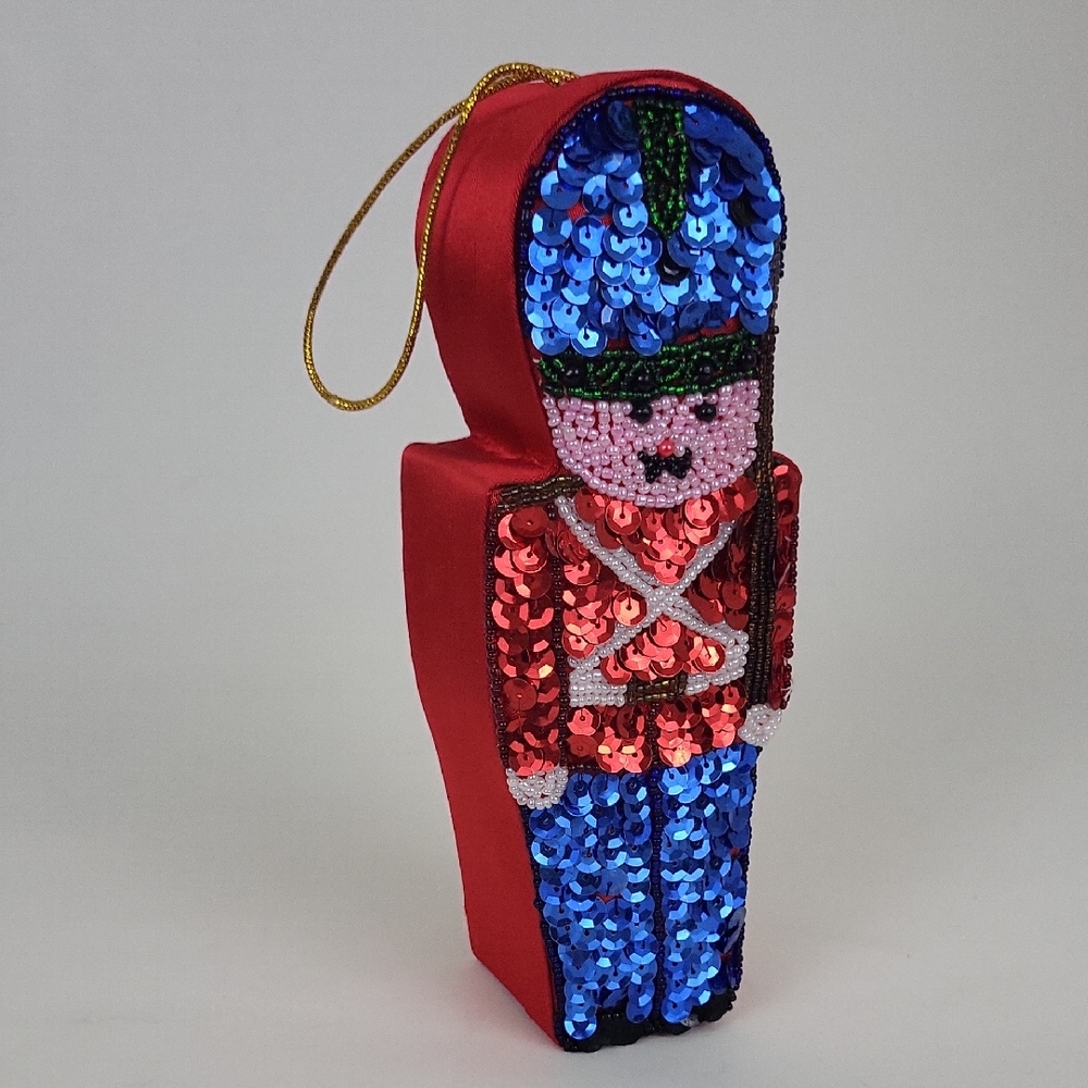 Vtg Christmas Beaded Sequin Toy Soldier Nutcracker Trinket Gift Box Ornament